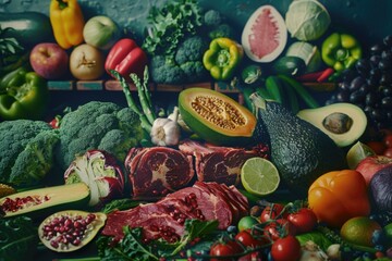 Wall Mural - A colorful assortment of fruits and vegetables, including broccoli, peppers, avocados, and tomatoes