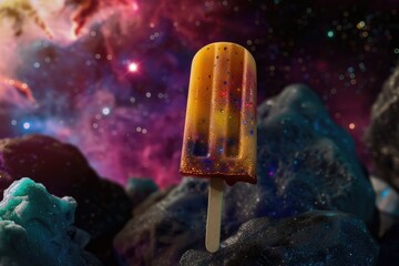 Wall Mural - A colorful ice cream stick is on top of a pile of rocks. The ice cream is in the shape of a stick and is surrounded by a galaxy of stars. The image has a whimsical and playful mood