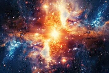 Wall Mural - a colorful galaxy with a bright yellow star in the center. the star is surrounded by a red and blue 