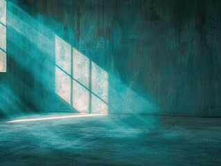 Wall Mural - A room with a blue wall and a window that lets in sunlight. The room is empty and has a very bright and clean look