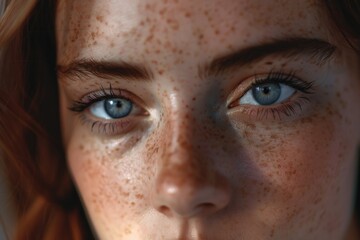 Wall Mural - A woman with blue eyes and red hair. She has a lot of freckles on her face