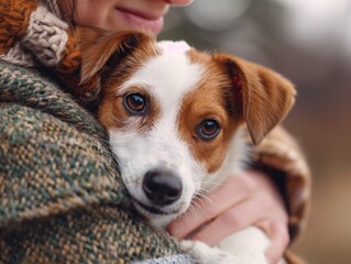 Wall Mural - A woman is holding a dog in her arms. The dog has brown and white fur and is looking up at the woman