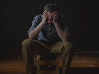 Wall Mural - A man is sitting on a stool with his hands on his head. He looks sad and is wearing a blue shirt and brown pants