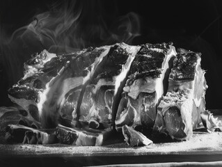 Wall Mural - A large piece of meat is cut into slices and is sitting on a wooden cutting board. Concept of anticipation and excitement for the meal to come