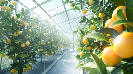 Aufkleber - A vibrant greenhouse filled with thriving orange trees, showcasing clusters of ripe fruit under bright sunlight.