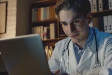 Wall Mural - A man in a white lab coat is looking at a laptop computer. He is smiling and he is enjoying himself