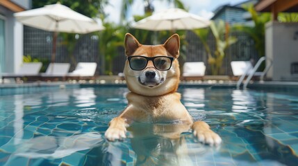 A dog is in a pool wearing sunglasses