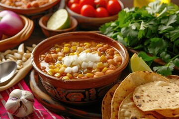 Wall Mural - A bowl of soup with corn and onions sits on a table with other food items. The table is set for a meal, and the soup is the main dish