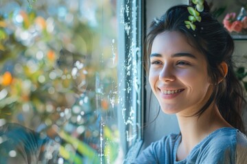 Wall Mural - A woman with a smile on her face is looking out of a window. The window has a view of trees and leaves