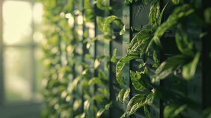 Wall Mural - A wall covered in green plants. The plants are growing in a row and are very lush. The wall is made of metal and is very tall