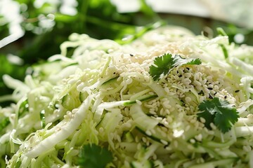 Wall Mural - A bowl of salad with a lot of zucchini and sesame seeds. The salad is green and white in color