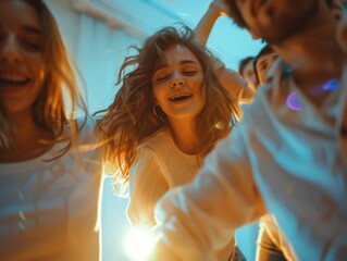 Wall Mural - A group of people are dancing and smiling, enjoying themselves. Scene is happy and lively