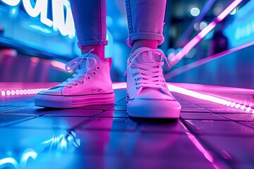 Close up of a woman's white sneakers on a night street, neon colors.