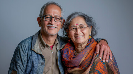 A smiling Indian couple in their fifties, posing for the camera with a gray background. The man has short hair and glasses, wearing casual , while the woman is wearing a saree