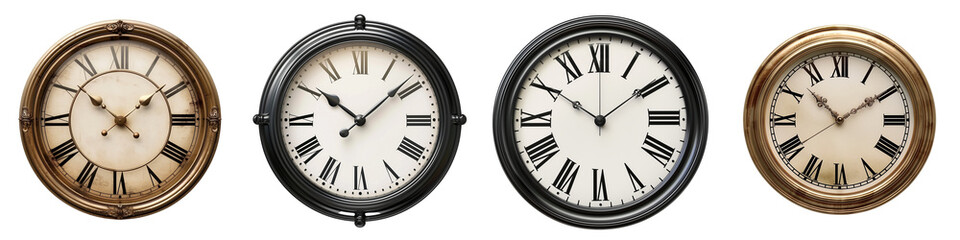 Set of a classic analog clock with Roman numerals isolated on transparent background.