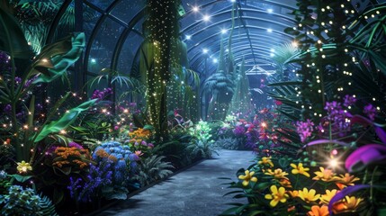Aufkleber - A magical pathway winds through a lush garden filled with vibrant flowers and enchanting lights illuminating the night.
