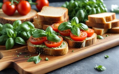 Bread, tomatoes and basil lie on a wooden board