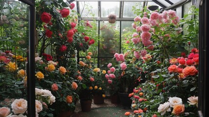 Aufkleber - Vibrant roses in various colors bloom abundantly within a glasshouse, creating a serene and beautiful indoor garden atmosphere.