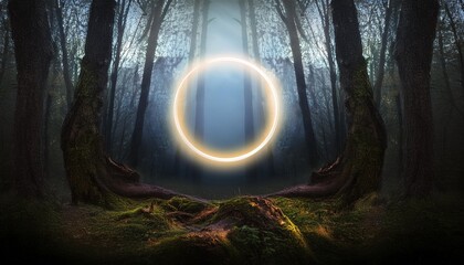 Wall Mural - mysterious dark forest with twisted trees and a large glowing ring