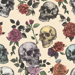 Sticker - Skulls and Roses Seamless Pattern