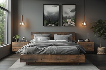 Modern bedroom interior design. Natural wood bed and bedside cabinets against the wall with two poster frames.