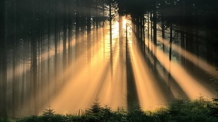 Wall Mural -   A lush forest brims with towering trees bathed in warm sunlight filtering through their leaves, casting dappled beams of light onto the ground below