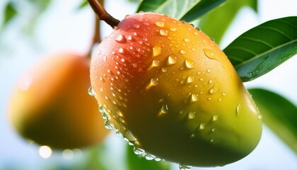 Wall Mural - ripe mango with water droplets on its surface prominently displayed in foreground attached to branch with green leaves another mango blurred in background