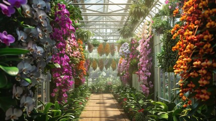 Aufkleber - A lush pathway in a greenhouse adorned with colorful orchids, surrounded by vibrant foliage and filtered sunlight.