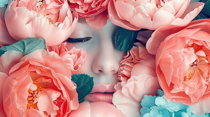 Wall Mural -   Close-up portrait of a woman with peonies surrounding her face, eyes closed