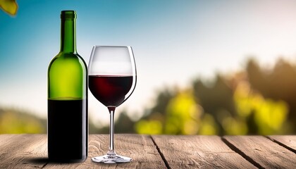 Sticker - green bottle with red wine and glass on a wood panorama