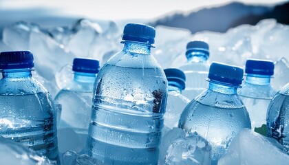 pet plastic bottles of cold drinking water in ice