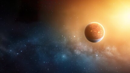 A lone planet orbits a distant sun in a star-filled galaxy.