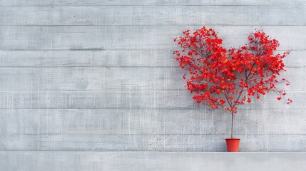 Wall Mural -   A heart-shaped arrangement of red flowers in a red pot sits on a gray wooden wall with a red planter