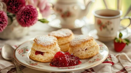 Sticker - Scones with Strawberry Jam on a plate Classic English tea set up