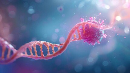 3D illustration of a DNA strand with a virus attached, representing genetic modification.