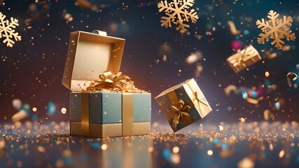 Wall Mural - Blue gift box with golden ribbon on sparkling background. Festive holiday celebration concept.