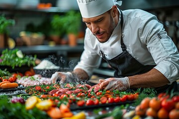 Wall Mural - Chef Skillfully Prepares Fresh Vegetables And Ingredients For A Gourmet Dish In A Busy Kitchen Setting