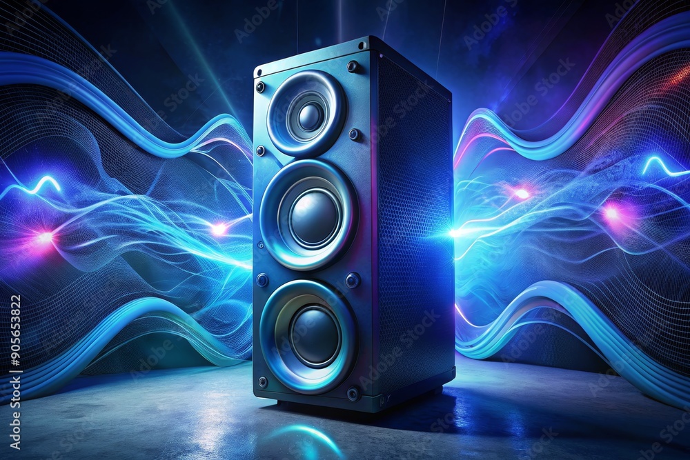 Dynamic sound waves emanating from a high-quality speaker in a darkened ...