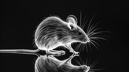 Wall Mural -   A black and white illustration depicting a rat against a dark backdrop with a water reflection