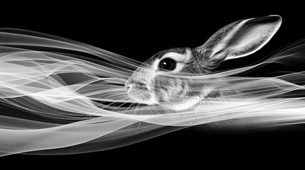 Wall Mural -  A monochrome image of a rabbit's head surrounded by white smoke on a black backdrop