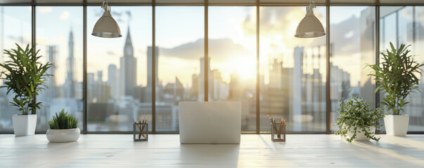 Modern office with laptop on white desk and large windows overlooking city skyline is shown. Natural light and green plants create a bright and inspiring atmosphere.