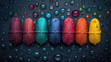 Wall Mural -   Vibrant umbrellas adorn a wet ground, featuring droplets