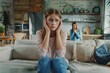 © Divyesh - Depressed teenage girl covering ears, listening to mother and crying, unrestrained woman sitting on sofa in living room raise voice to daughter, Generative AI