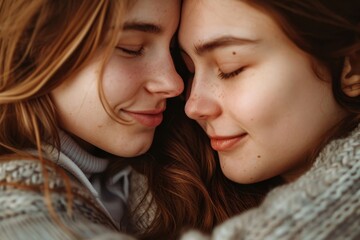 Happy young mother embracing with her teen daughter kid touching faces, enjoying warm family moment, expressing love, affection, Generative AI