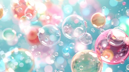 Wall Mural -   A sea of colorful soap bubbles glistening atop a tranquil blue-pink backdrop