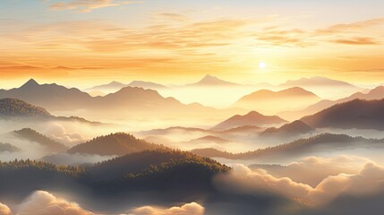 Poster - Sunrise over a serene mountain range, bathed in soft, golden light.