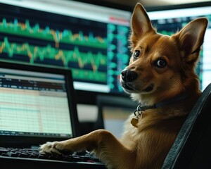 Canvas Print - A dog is sitting on a keyboard in front of a computer monitor