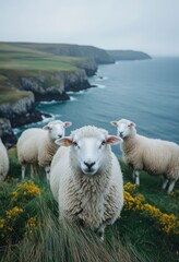 Poster - Three sheep are standing on a grassy hillside overlooking the ocean