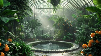 Aufkleber - A tranquil conservatory filled with vibrant plants and a circular pond, illuminated by soft sunlight filtering through glass. The atmosphere is peaceful and lush.