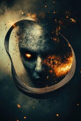 Wall Mural - A face with a glowing eye is surrounded by a circle of fire